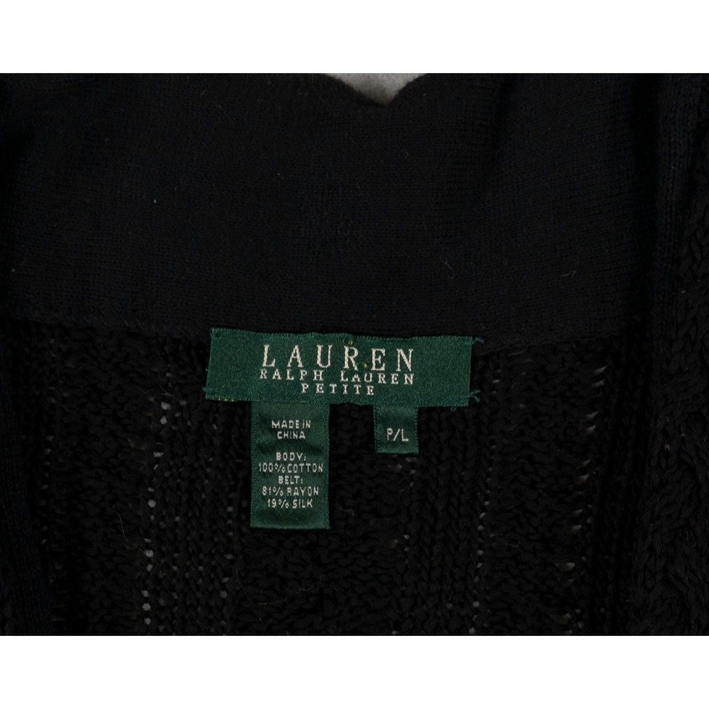 Lauren Ralph Lauren Petite Black Cable Knit Velvet Tie Cardigan Sweater PL - Picture 3 of 10